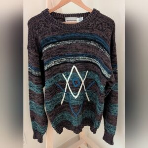 Vintage 90's Retro Geometric Crewneck Sweater In Purple/Teal/Black/Blue & Gray